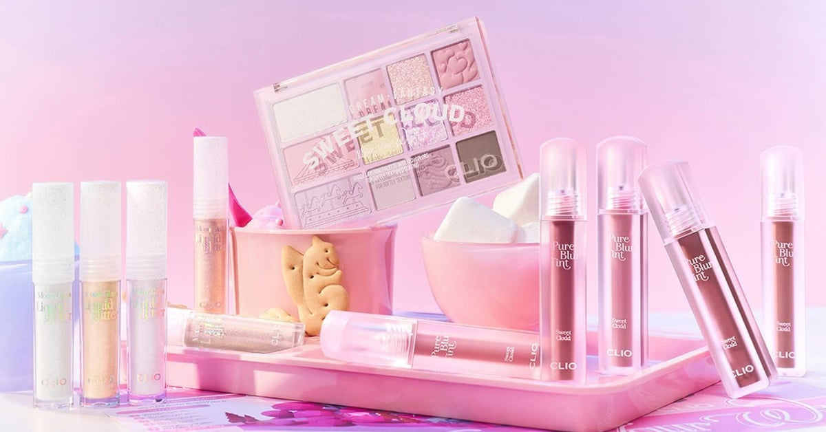 Clio: Where Makeup Magic Meets K-Beauty Innovation! - a display of Clio cosmetics products in a pink-themed setting.