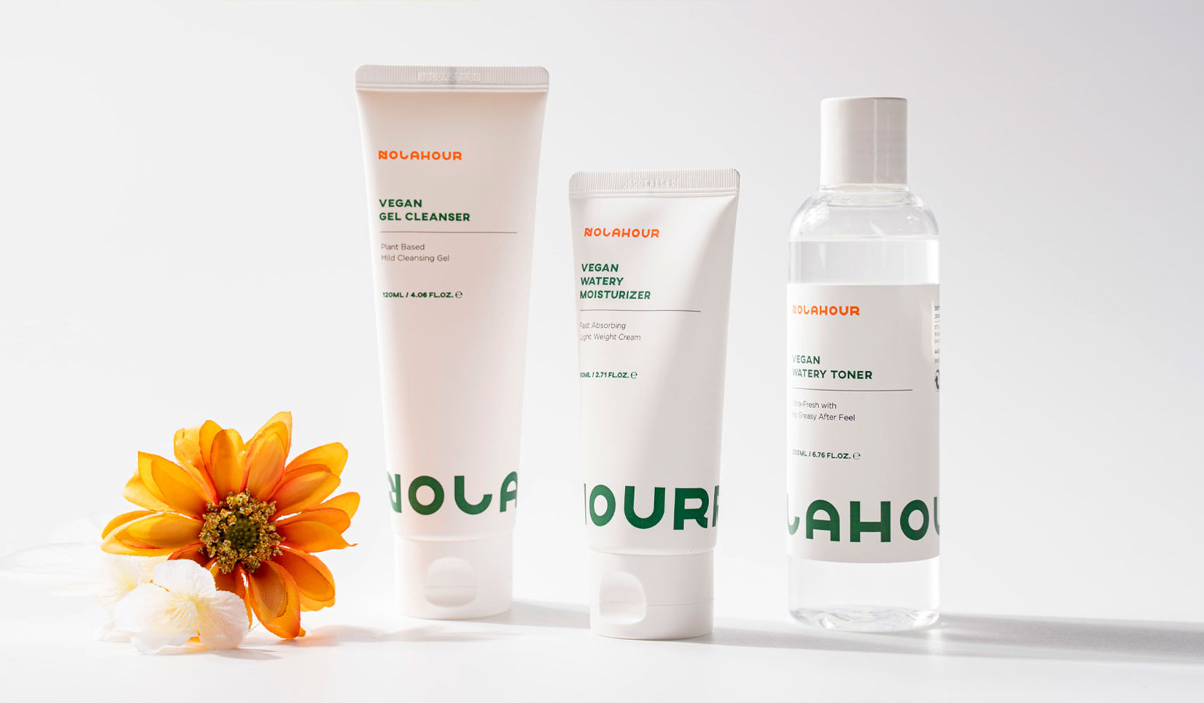 Experience the Future of Skincare with NOLAHOUR: The Korean Brand Redefining Beauty product range with cleanser, moisturizer, and toner.