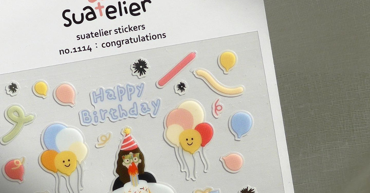 Stick to Fun with Suatelier: Unleash Your Creativity with Playful Stickers! Featuring Suatelier birthday stickers with balloons and confetti.