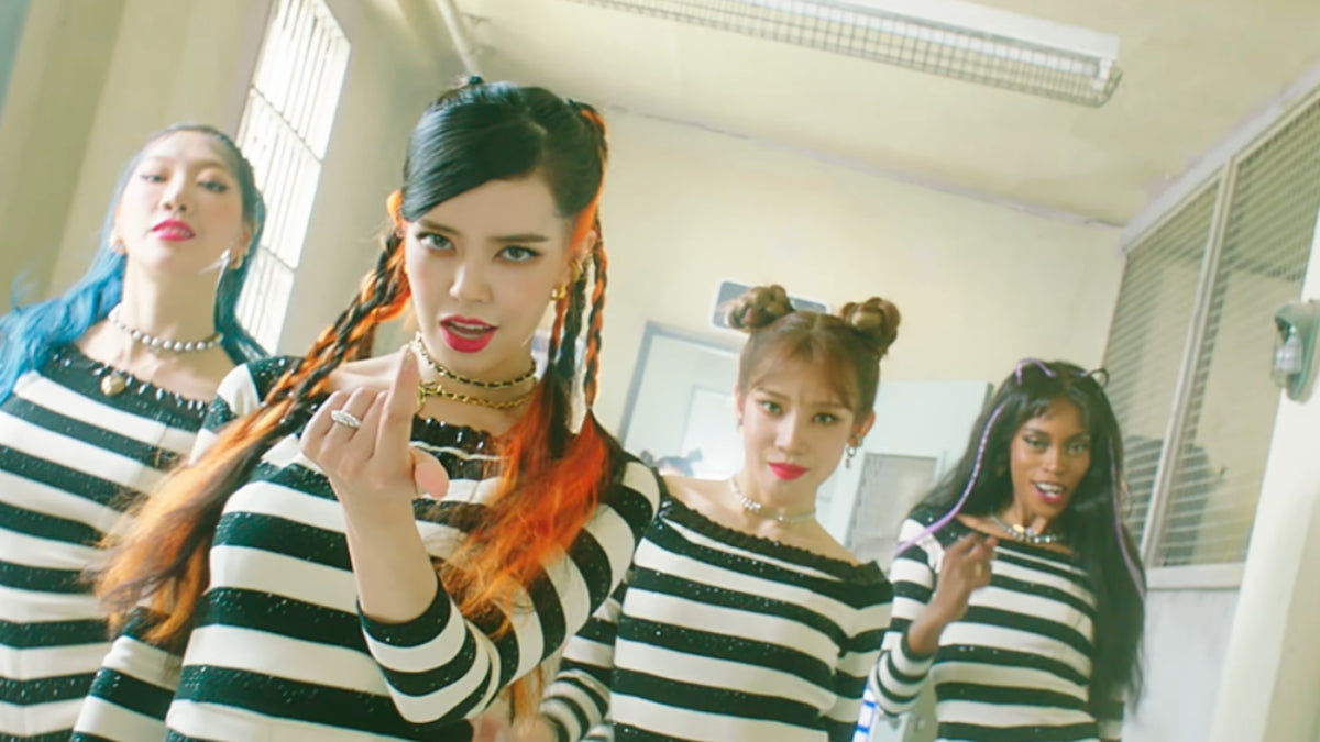 Black Swag: Unleashing the Ultimate Girl Power Vibes! - BLACKSWAN K-pop group in striped outfits exuding confidence.
