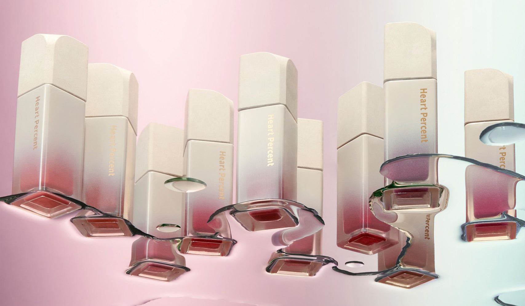 Heart Percent skincare bottles reflecting a fresh take on Korean skincare and cosmetics, emphasizing innovative beauty solutions.