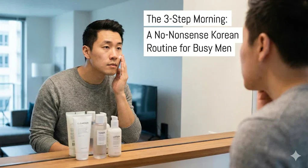Man practicing "The 3-Step Morning: A No-Nonsense Korean Routine for Busy Men" with skincare products in front of a mirror.
