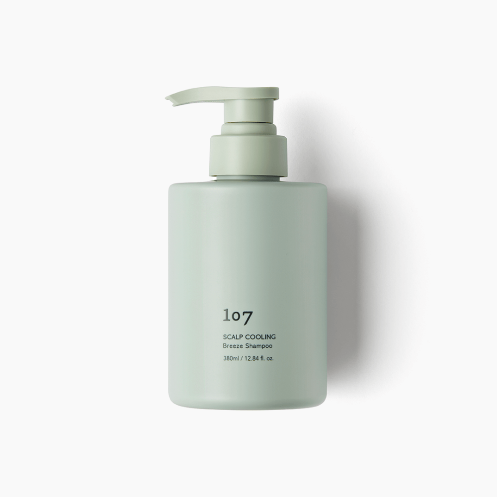 Bottle of 107 Scalp Cooling Breeze Shampoo 380ml with a gray pump dispenser.