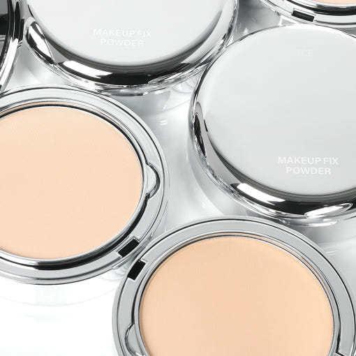 3CE Makeup Fix Powder 9g compacts in silver casing, open and closed, showcasing the makeup product.