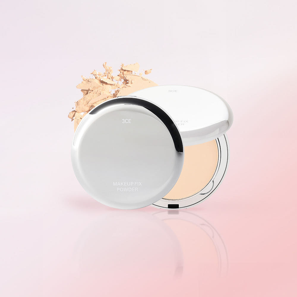 3CE Makeup Fix Powder 9g compact with powder on a pink background, open and ready for use.