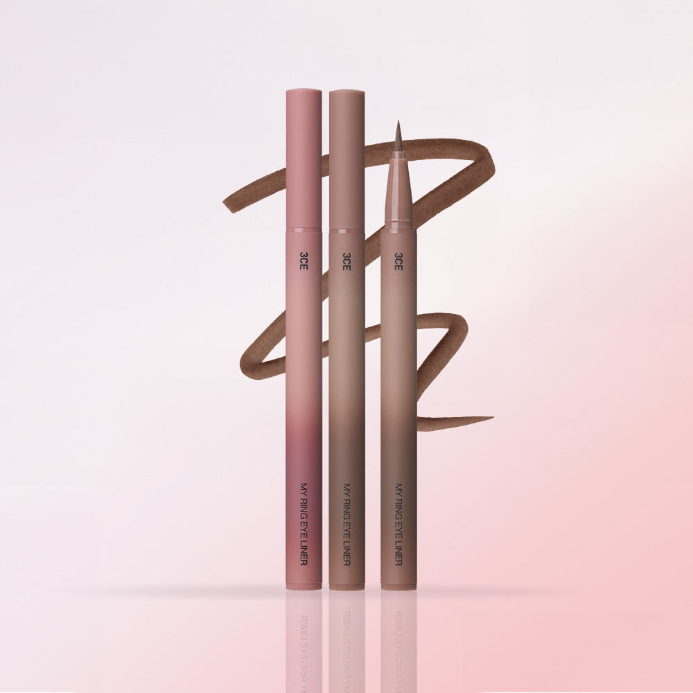 3CE My Ring Eyeliner Duo in pink and brown shades on a soft gradient background.