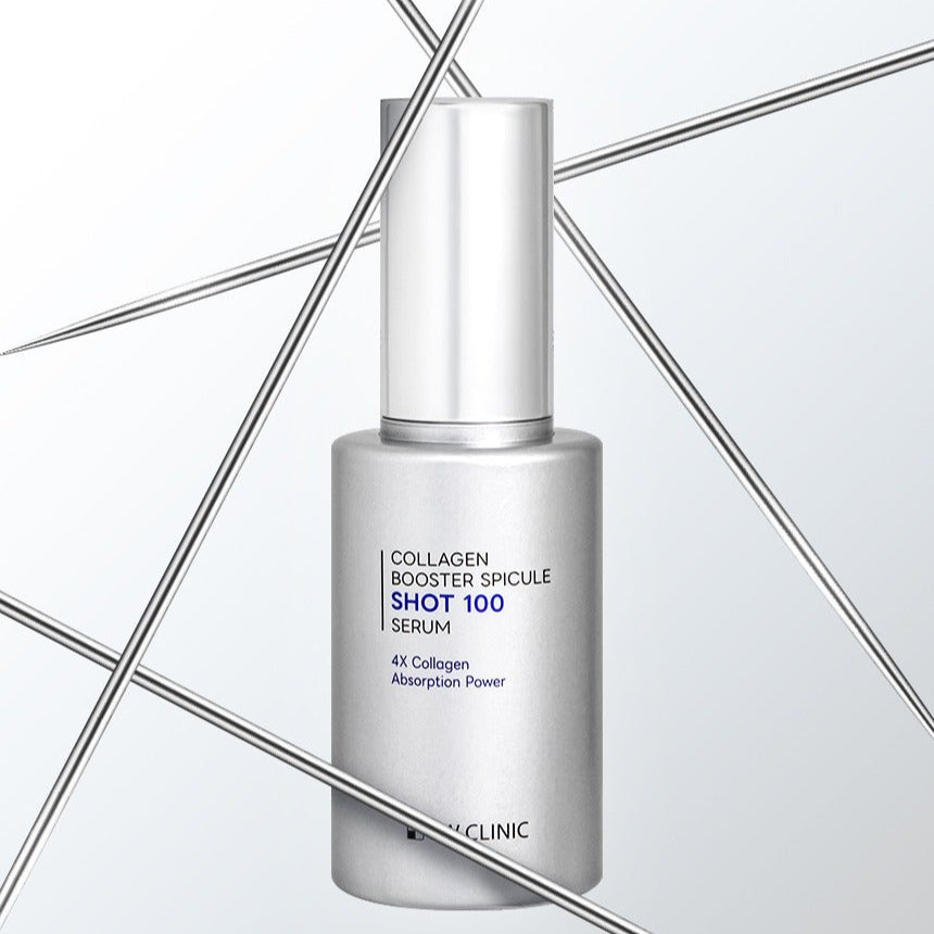 3W CLINIC Collagen Booster Speackle Shot 100 Serum 50ml bottle against geometric background