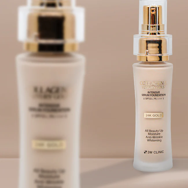 Bottle of 3W CLINIC Collagen & Luxury Gold Intensive Serum Foundation 40g with gold accents.