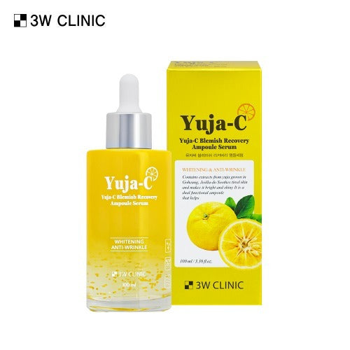 3W CLINIC Yuja C Blemish Recovery Ampoule Serum 100ml bottle and packaging with yellow design.