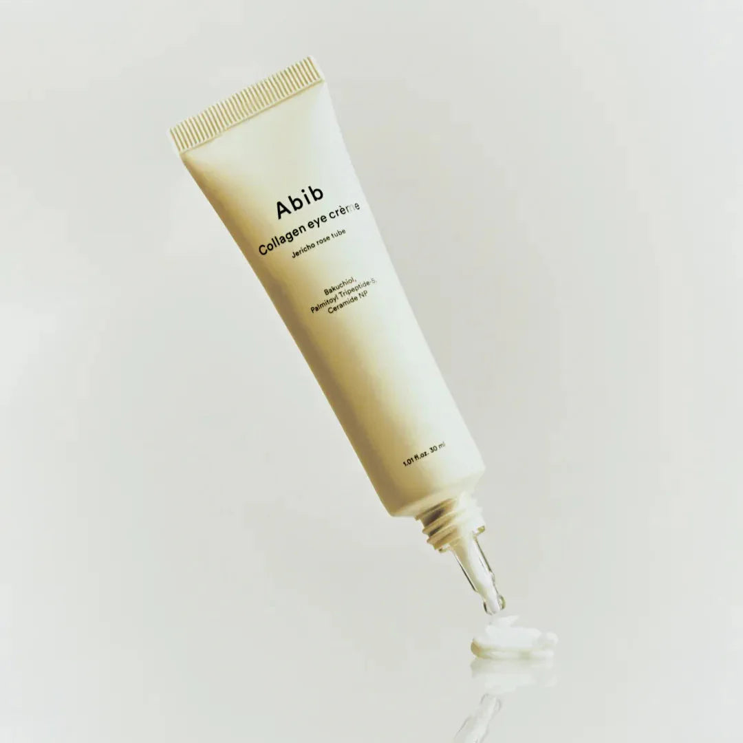 ABIB Collagen Eye Cream Jericho Rose Tube 30ml shown with cream texture on white background.