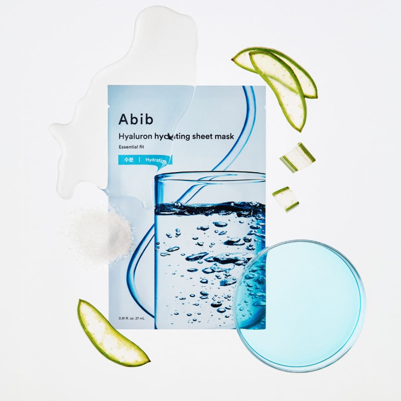 ABIB Hyaluronic Acid Moisture Sheet Mask Essential Fit with aloe and hydrating elements, designed to boost skin moisture and health.