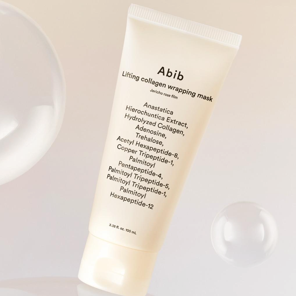 ABIB Lifting Collagen Wrapping Mask Resurrection Film 100ml tube with ingredients list on beige background.