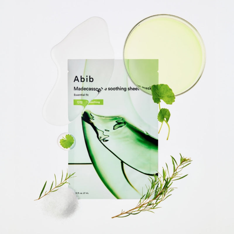 ABIB Madecassoside Soothing Sheet Essential Fit product image with green and natural elements