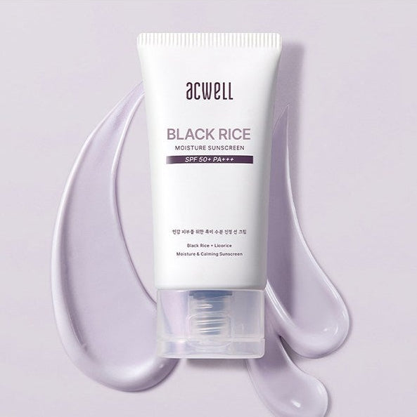 ACWELL Black Rice Moisture Sunscreen SPF50+ PA+++, 50ml tube with product swatches on a light background.