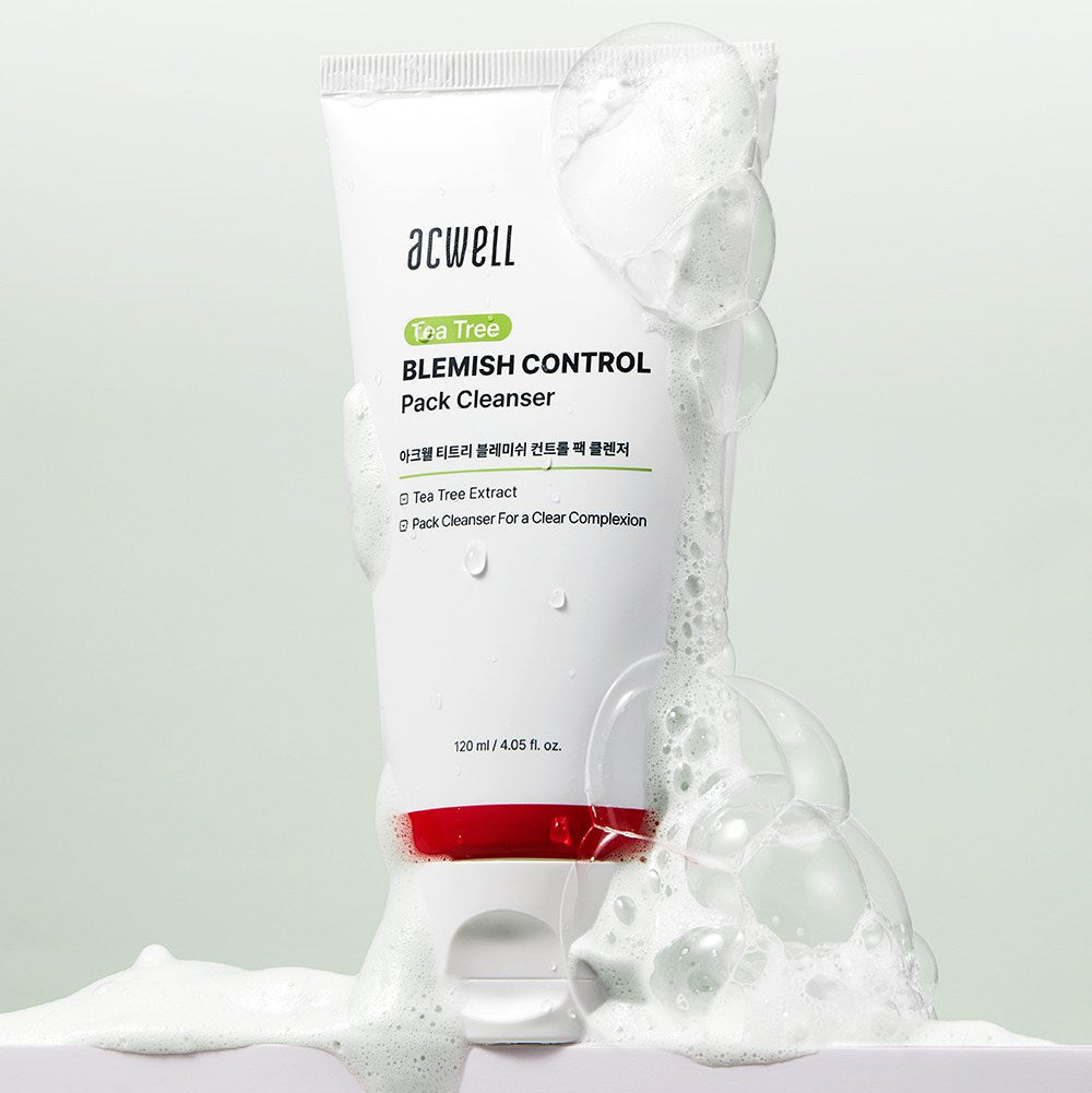 ACWELL Tea Tree Blemish Control Pack Cleanser 120ml with foam bubbles showing effective cleansing action