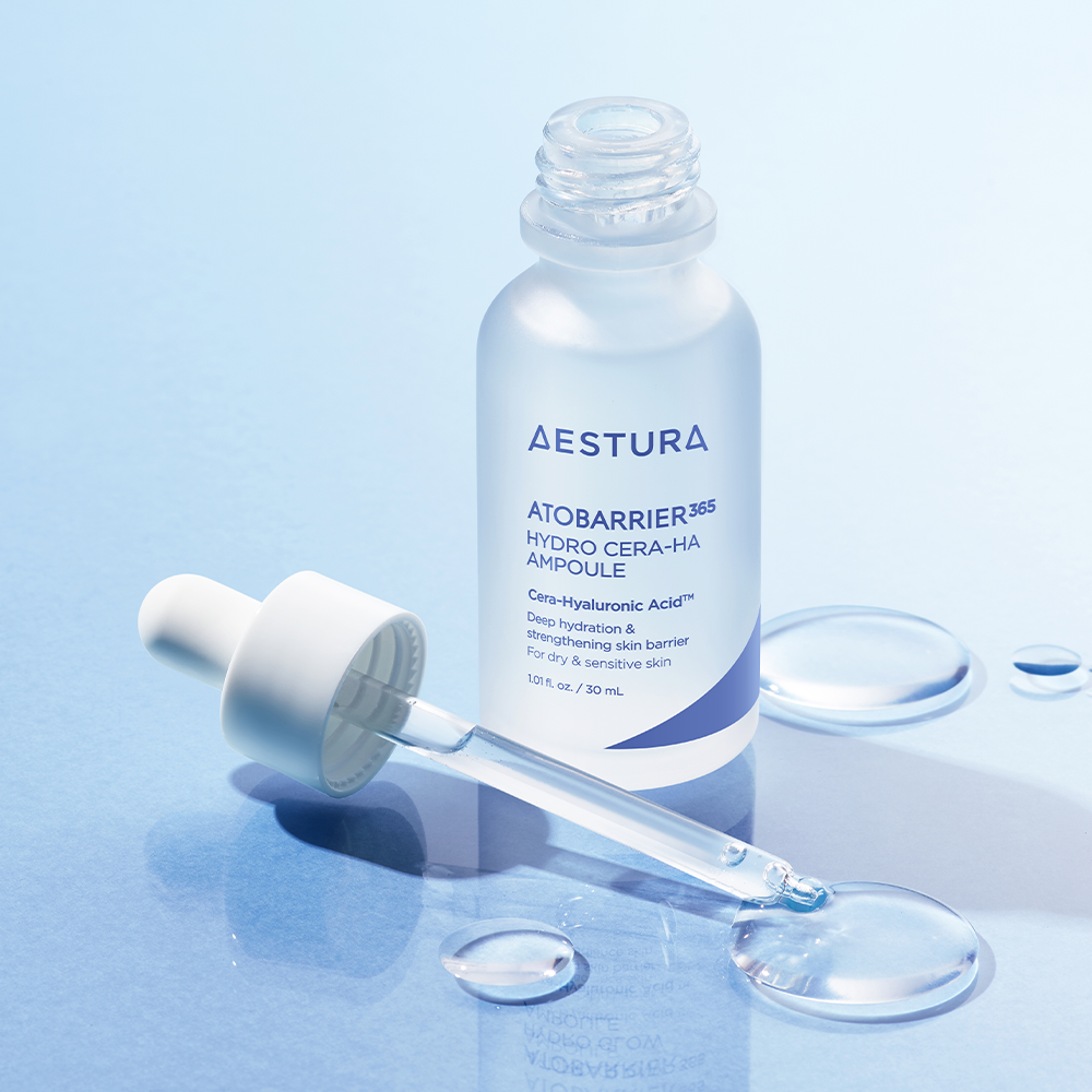 AESTURA Atobarrier 365 Hydro Cera-HA Ampoule 30ml, featuring Cera-Hyaluronic Acid for deep hydration and skin barrier support.