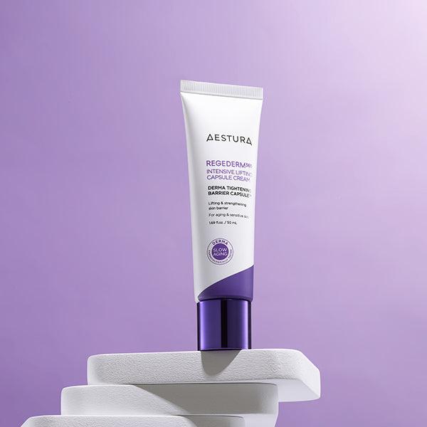 AESTURA Rizederm365 Intensive Lifting Capsule Cream 50ml on purple background, skincare rejuvenation product.