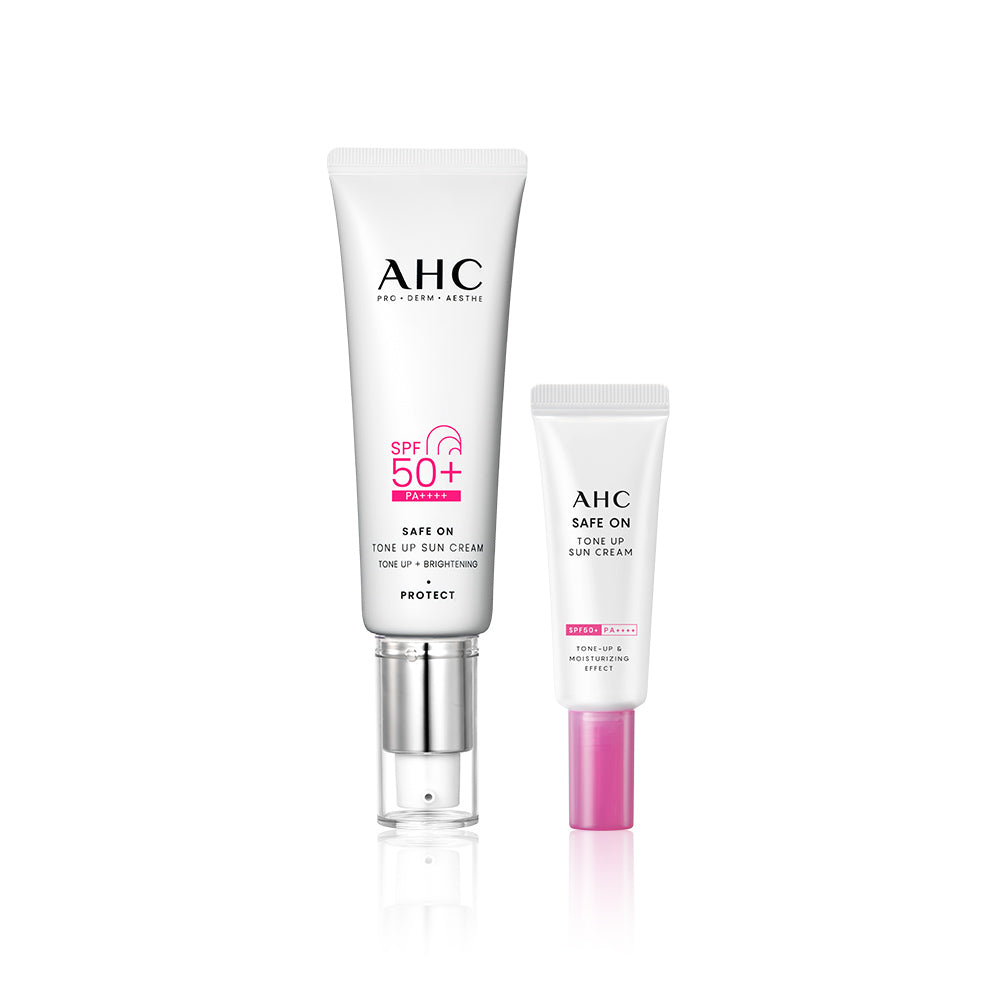AHC Safe On Tone-Up Sunscreen 50ml tube and smaller travel size sunscreen tube