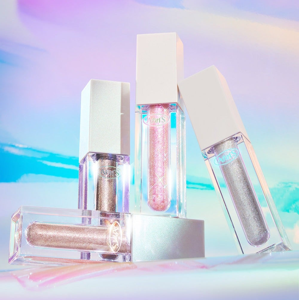 ALL MY THING Kiss Your Eye Glitter Liquid Eyeshadow in pink and silver shades against a pastel background