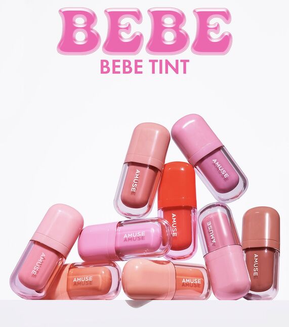 Collection of colorful AMUSE BEBE TINT lip products in various shades displayed neatly in a pyramid arrangement.