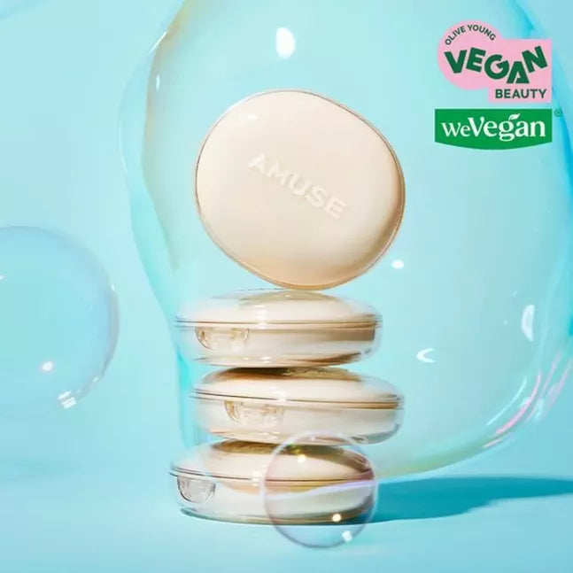 AMUSE Dew Jelly Master Cushion product image with eco-friendly vegan certifications displayed in a vibrant presentation.