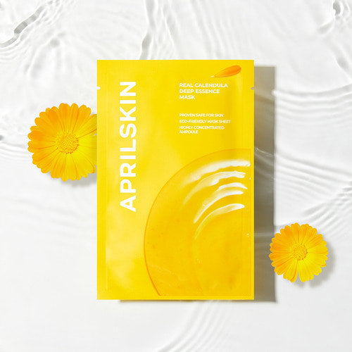 APRILSKIN Real Calendula Deep Essence Mask packaging with calendula flowers on a white background.