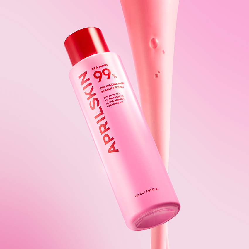 APRILSKIN TXA Niacinamide 99 Milky Toner 150ml bottle against a pink background