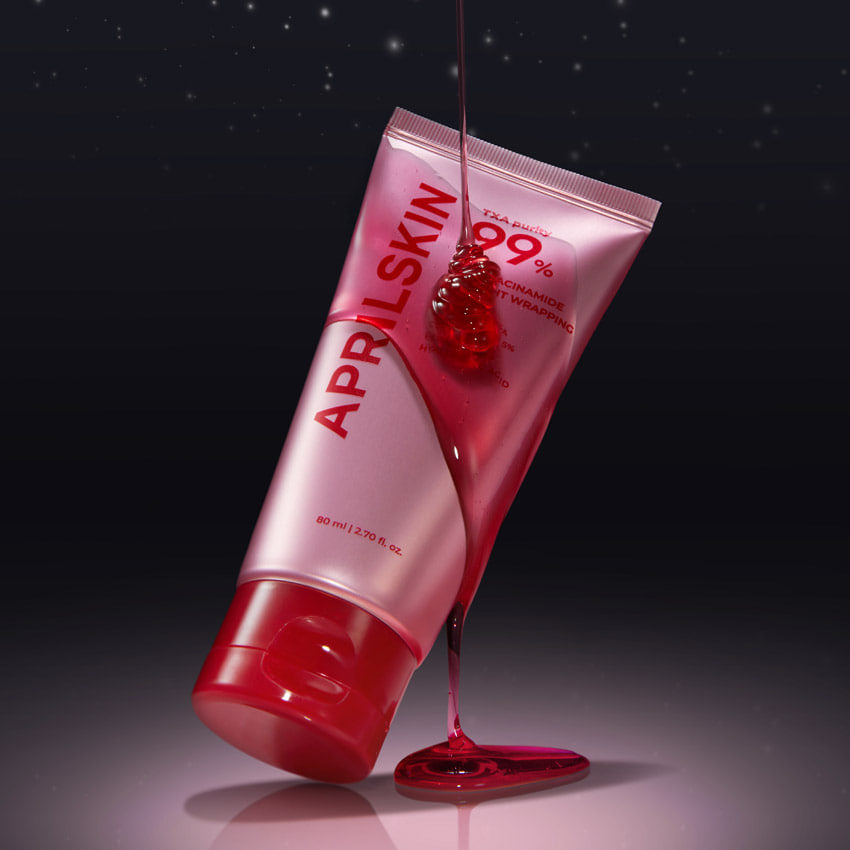 APRILSKIN TXA Niacinamide 99 Night Wrapping Mask 80ml tube with red liquid on a dark background.