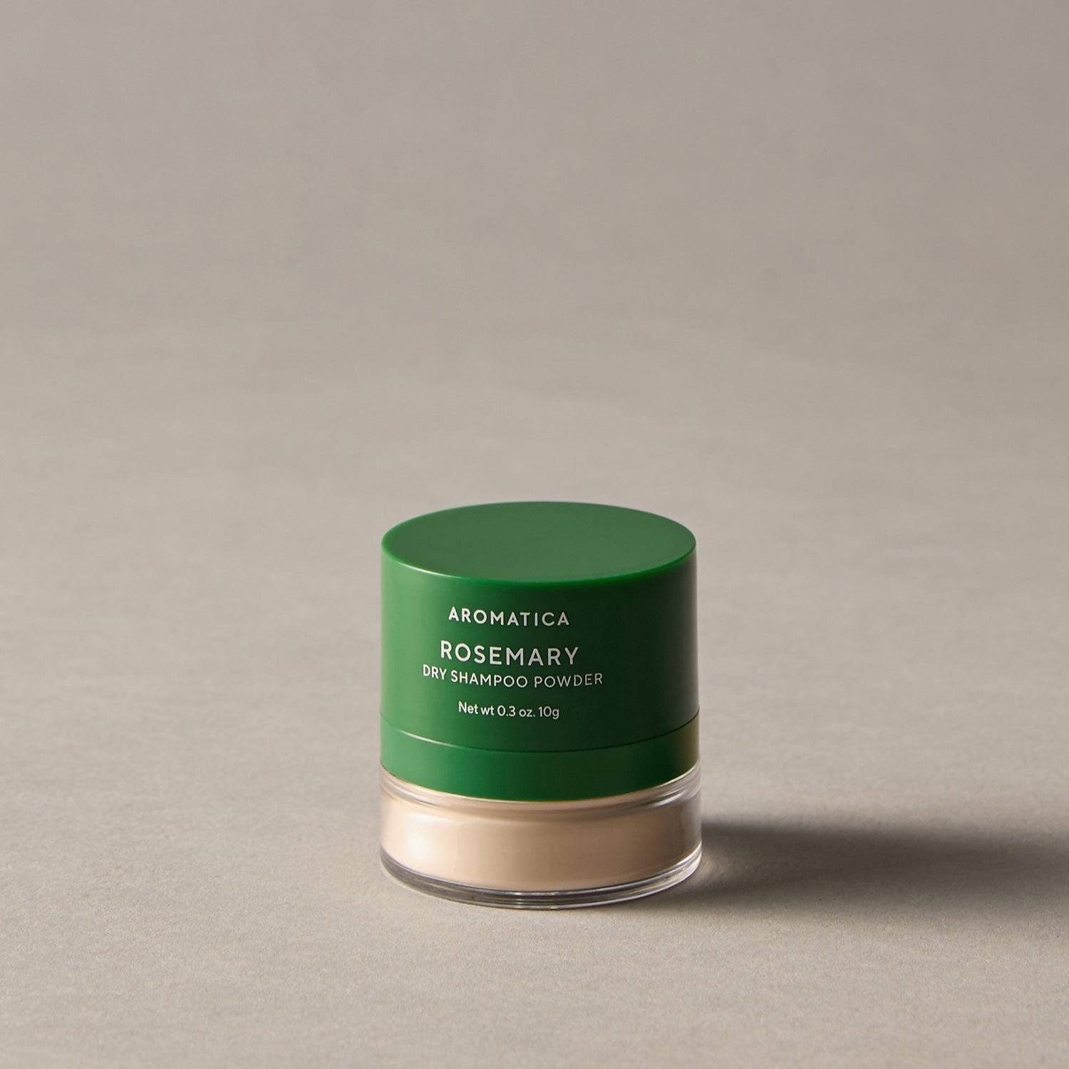 AROMATICA Rosemary Dry Shampoo Powder 10g in green packaging on a neutral background