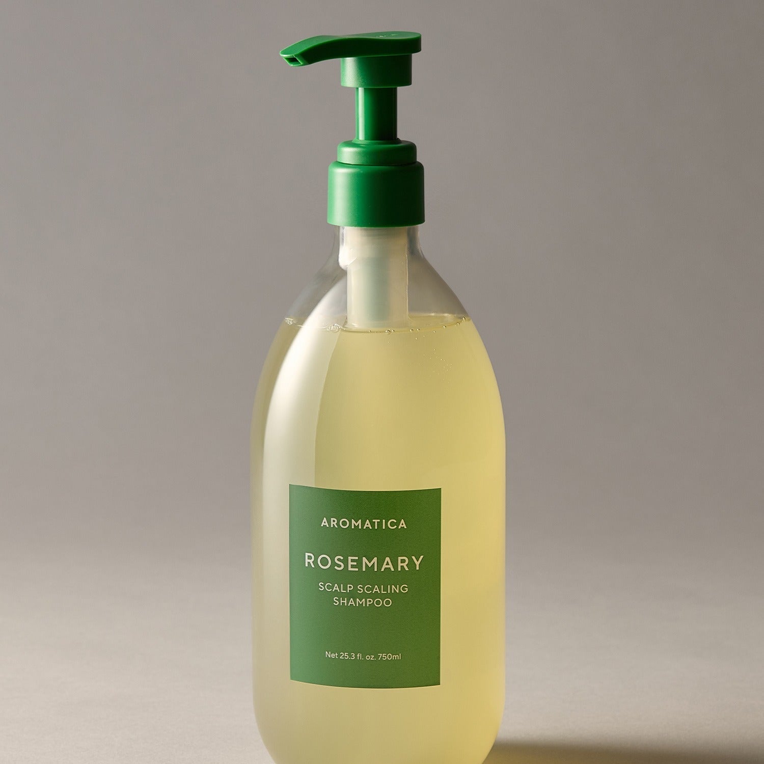 AROMATICA Rosemary Scalp Scaling Shampoo 750ML bottle with green pump on a neutral background