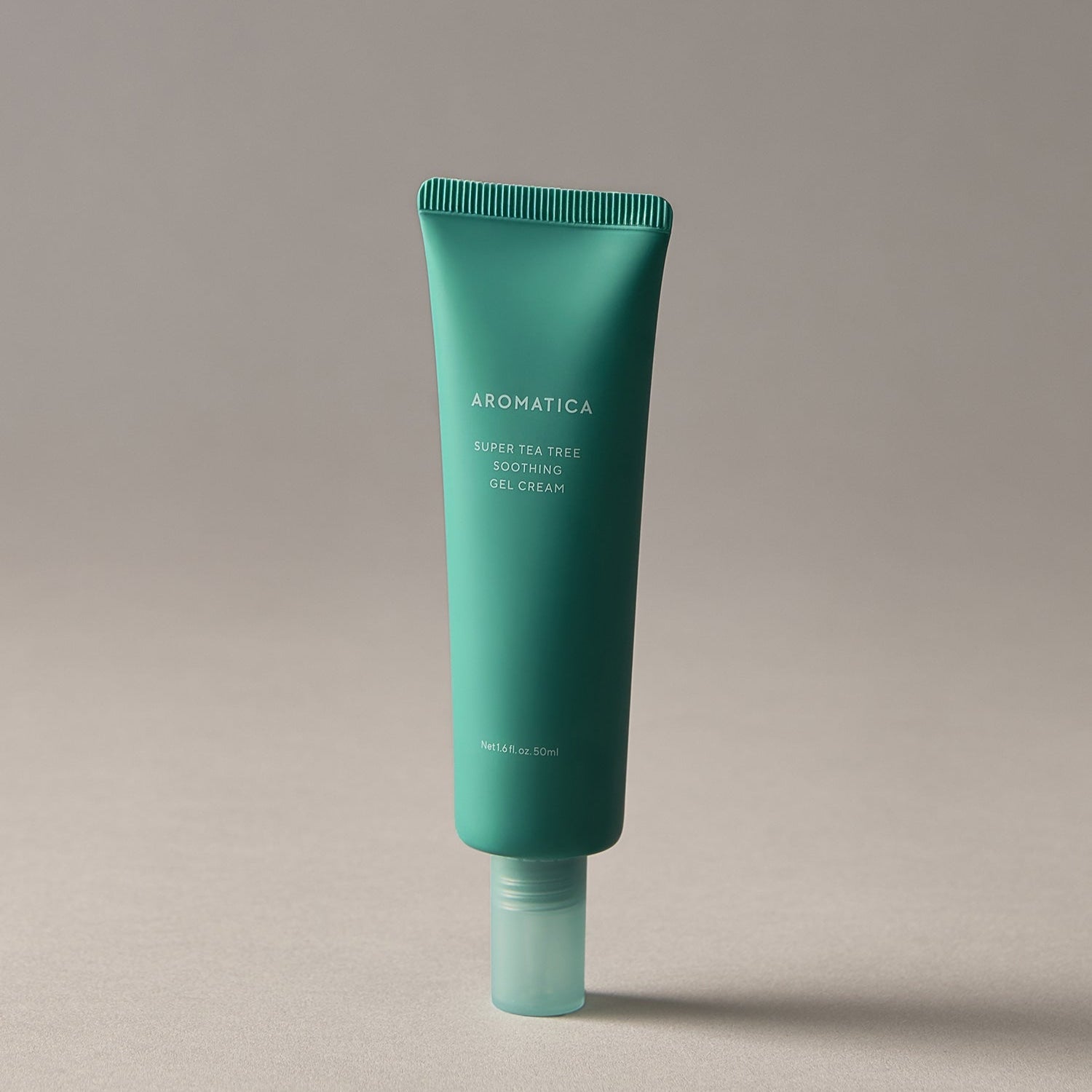A tube of AROMATICA Super Tea Tree Soothing Gel Cream 50ML on a neutral background.