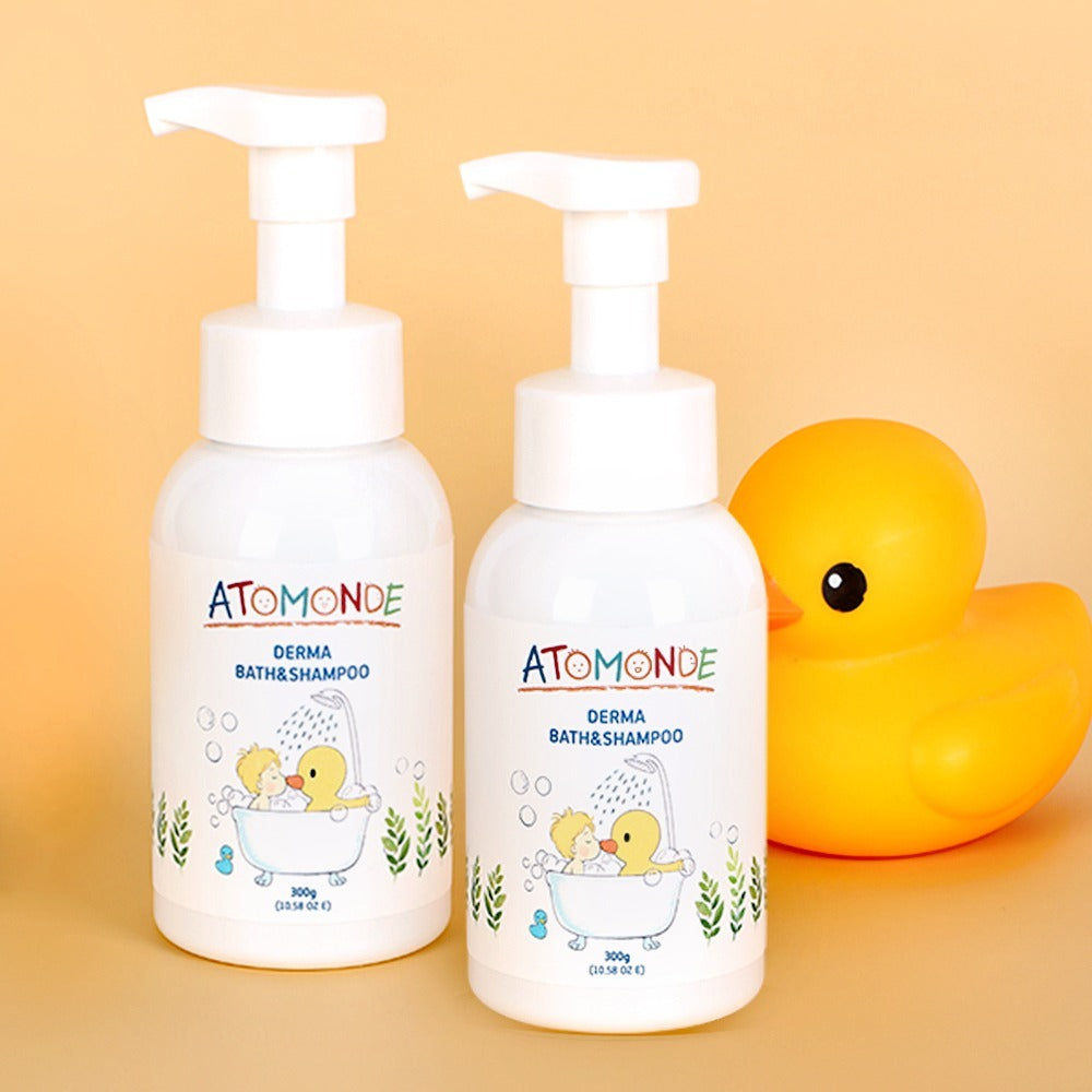 ATOMANDE Derma Bath & Shampoo Bubble Cleanser Foam Type 300g bottles with rubber duck on display