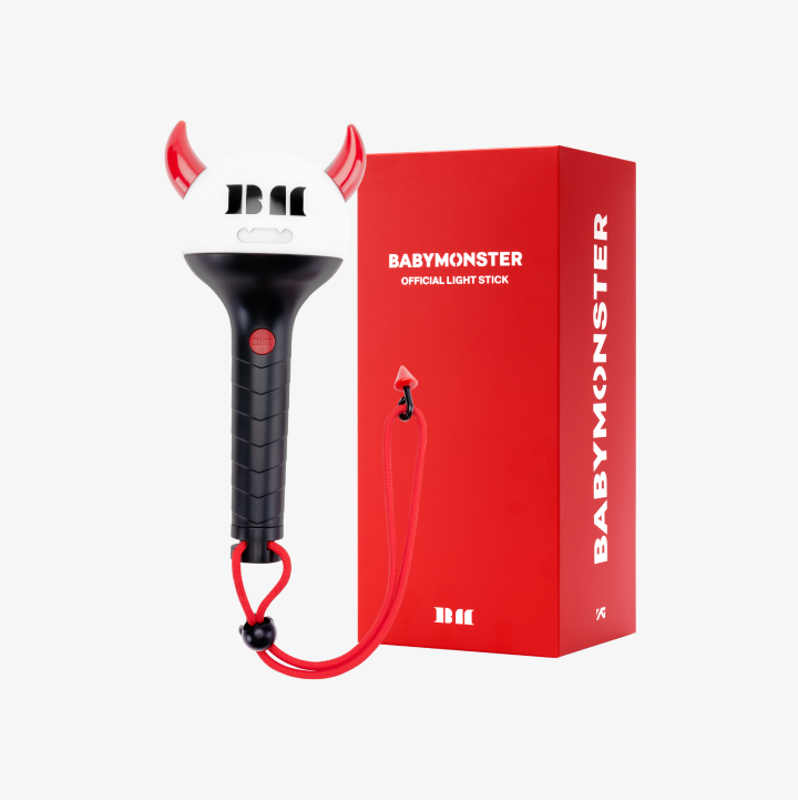 BABYMONSTER Official Lighst Stick product image with red and black design, including packaging box and wrist strap.
