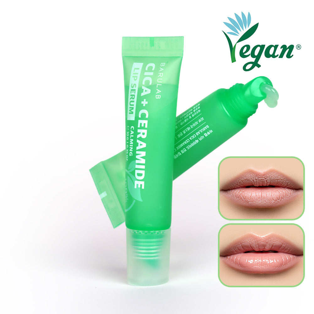 BARULAB Cica Ceramide Soothing Lip Serum 10g in green tube with vegan label and before-after lip images.