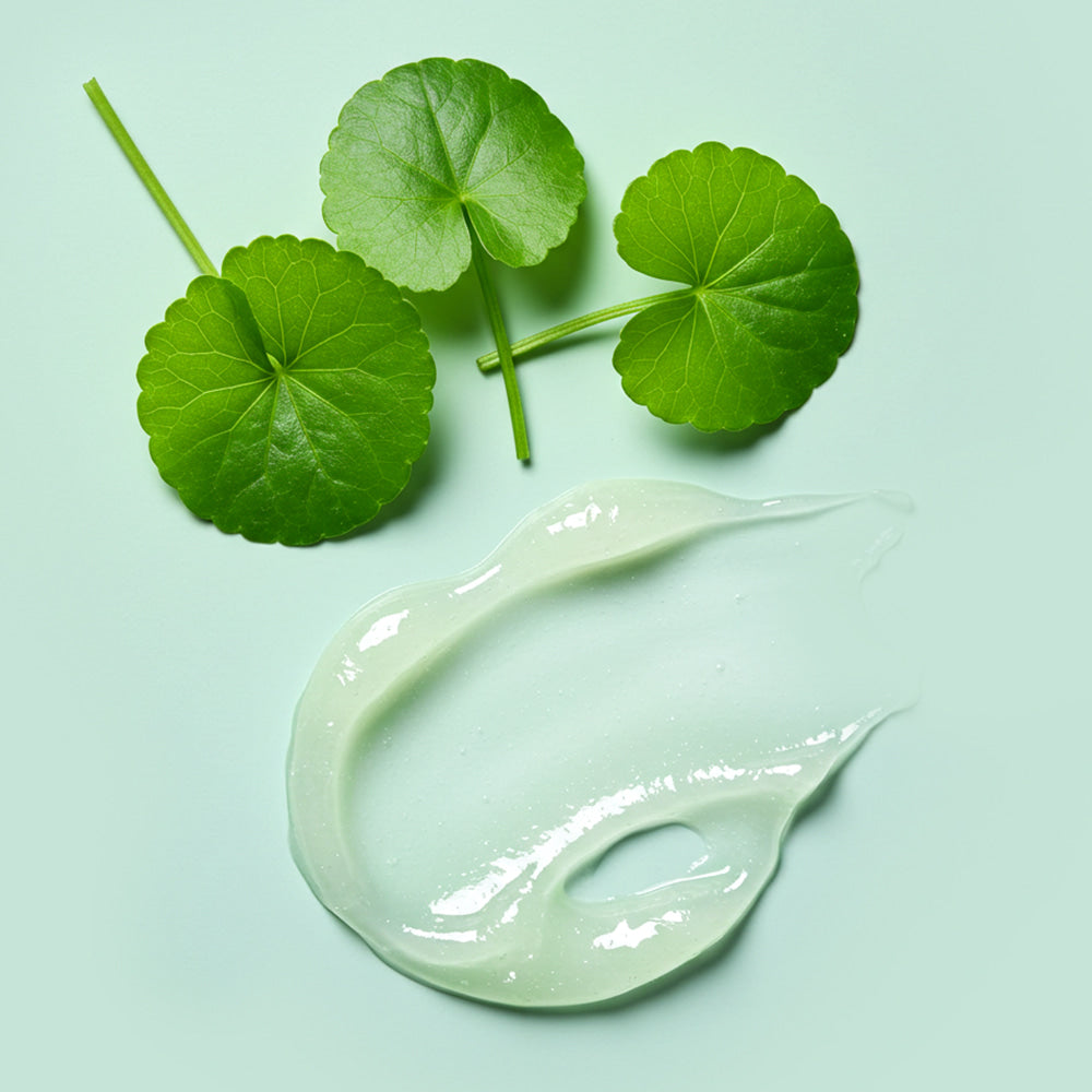 BARULAB Cica Ceramide Soothing Lip Serum 10g with natural cica leaves and serum texture on light green background