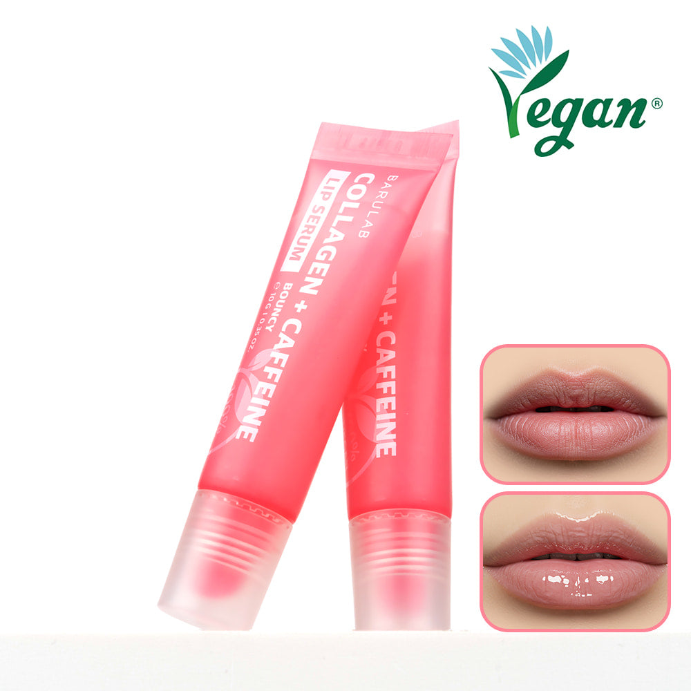 BARULAB Collagen Caffeine Tangle Lip Serum 10g vegan product with two tubes and before-and-after lip application images.
