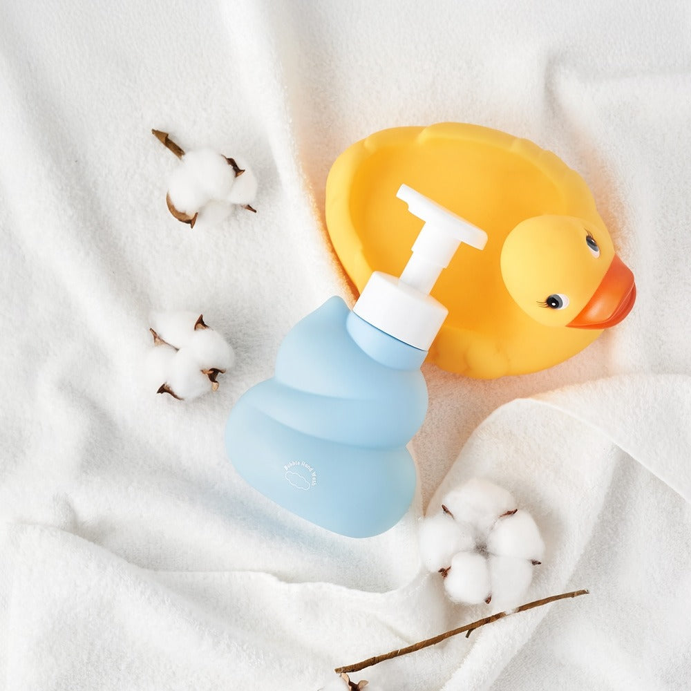 BELLBOY STUDIO Hippong Bubble Hand Wash with a rubber duck on white fabric background for baby bathing essentials.