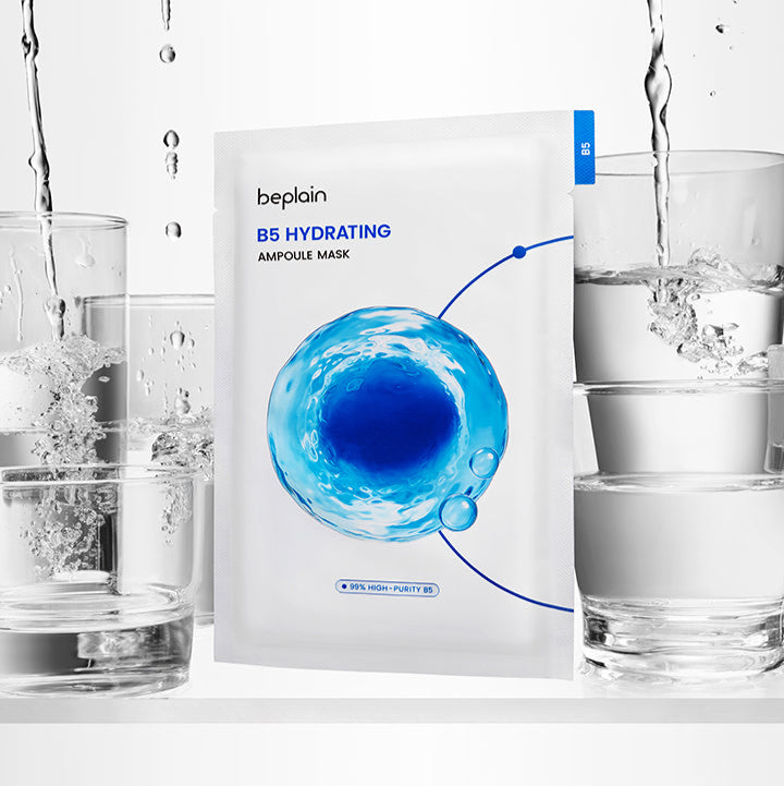 BEPLAIN B5 Hydrating Ampoule Mask 5 Sheets surrounded by glasses of water to emphasize hydration and skincare benefits.