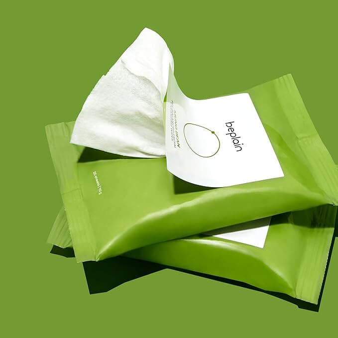 Image of BEPLAIN Green Bean Mild Acid Cleansing Water Tissue 20 Sheets, showing green packaging with tissue partially pulled out.