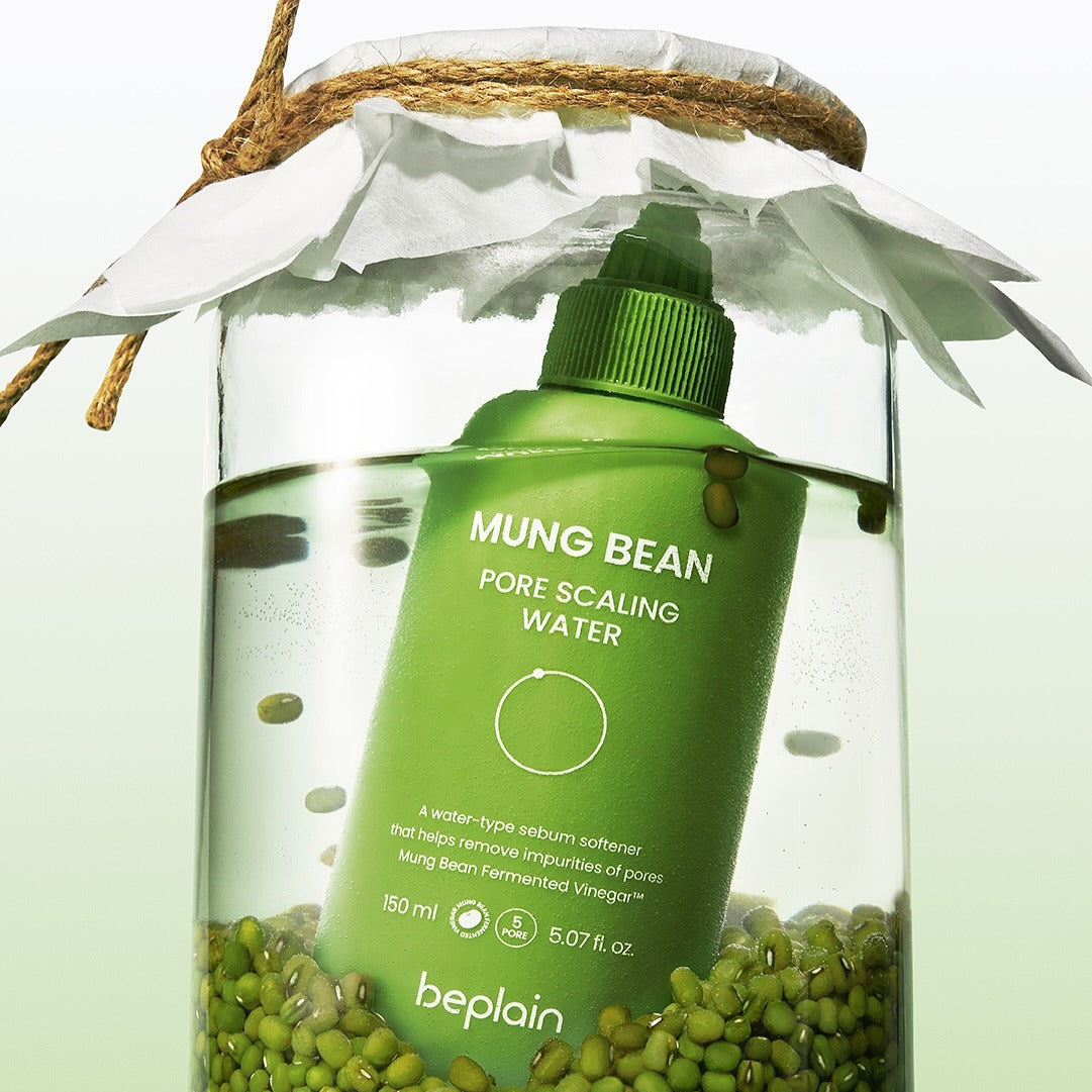 BEPLAIN Green Bean Pore Scaling Water 150ml product image with green bottle and mung beans