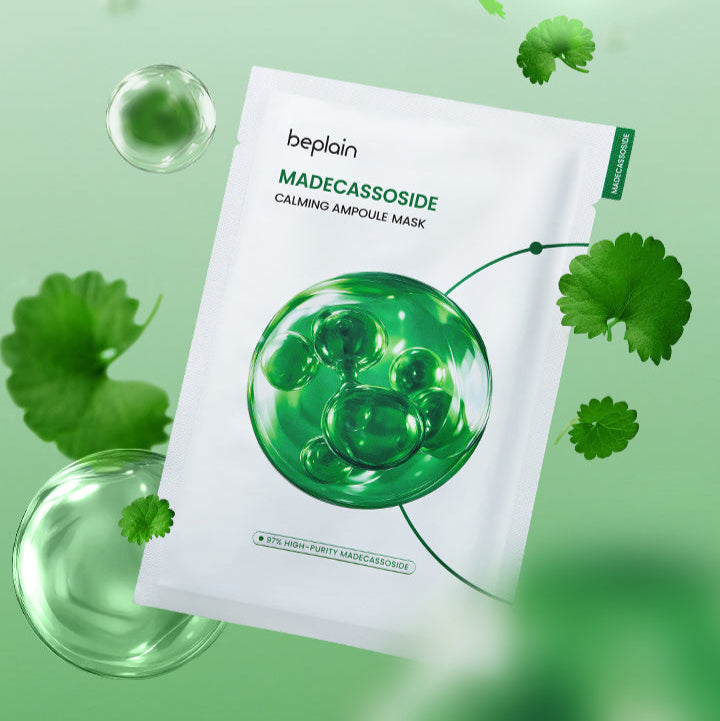 BEPLAIN Madecassoside Calming Ampoule Mask 5 Sheets packaging with green botanical design and calming ingredients.