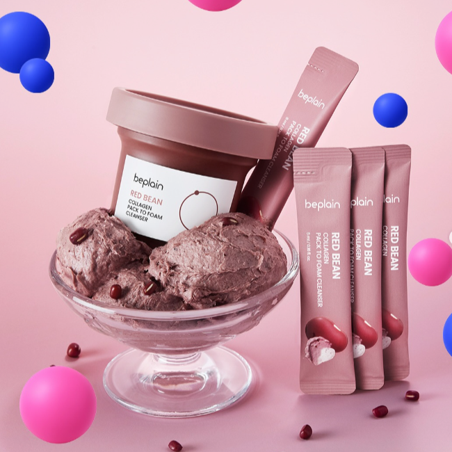 BEPLAIN Red Bean Collagen Pack-to-Foam Cleanser 100ml with cream and sachets on pink background