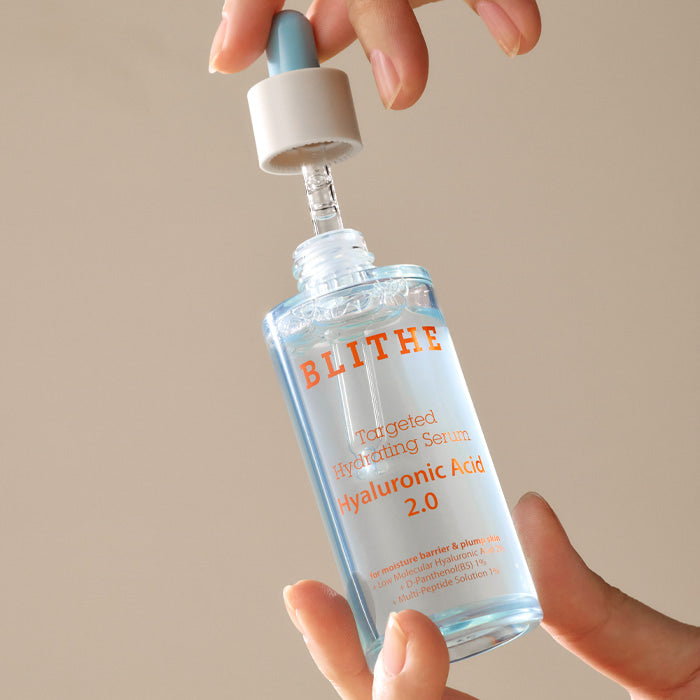 BLITHE Targeted Hydrating Serum Hyaluronic Acid 2.0 50ml bottle held in hand