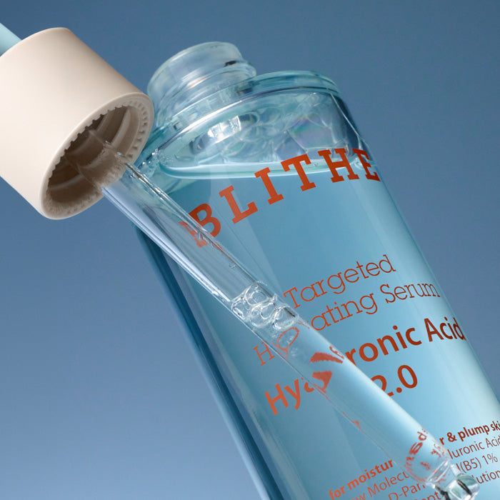 BLITHE Targeted Hydrating Serum Hyaluronic Acid 2.0 50ml with dropper showcasing clear liquid serum against blue background.