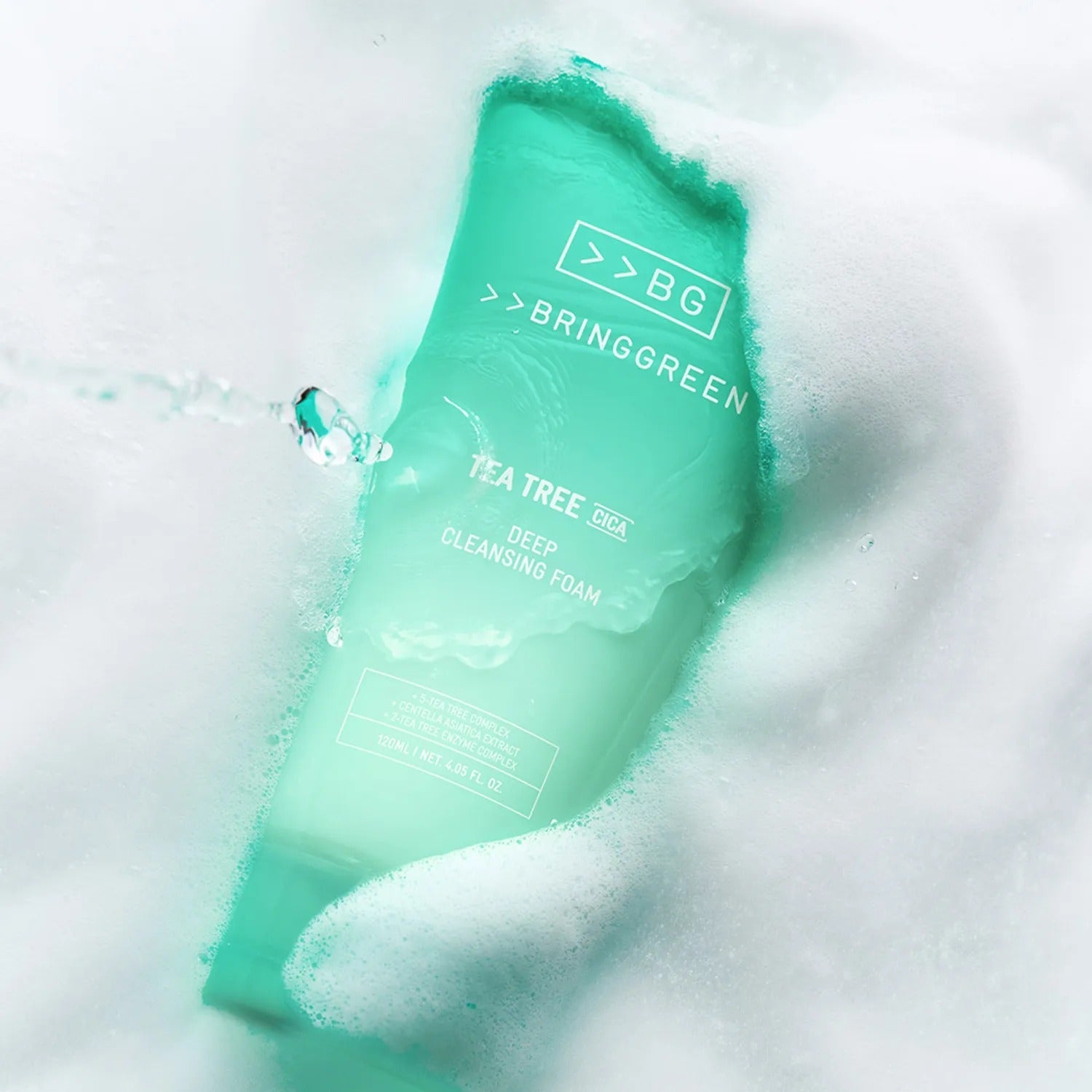 BRINGGREEN Tea Tree Cica Deep Cleansing Foam 120ml product surrounded by foam
