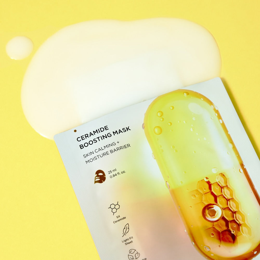 BRTC Ceramide Boosting Mask 10 Sheets packaging on yellow background for skin calming and moisture barrier benefits.