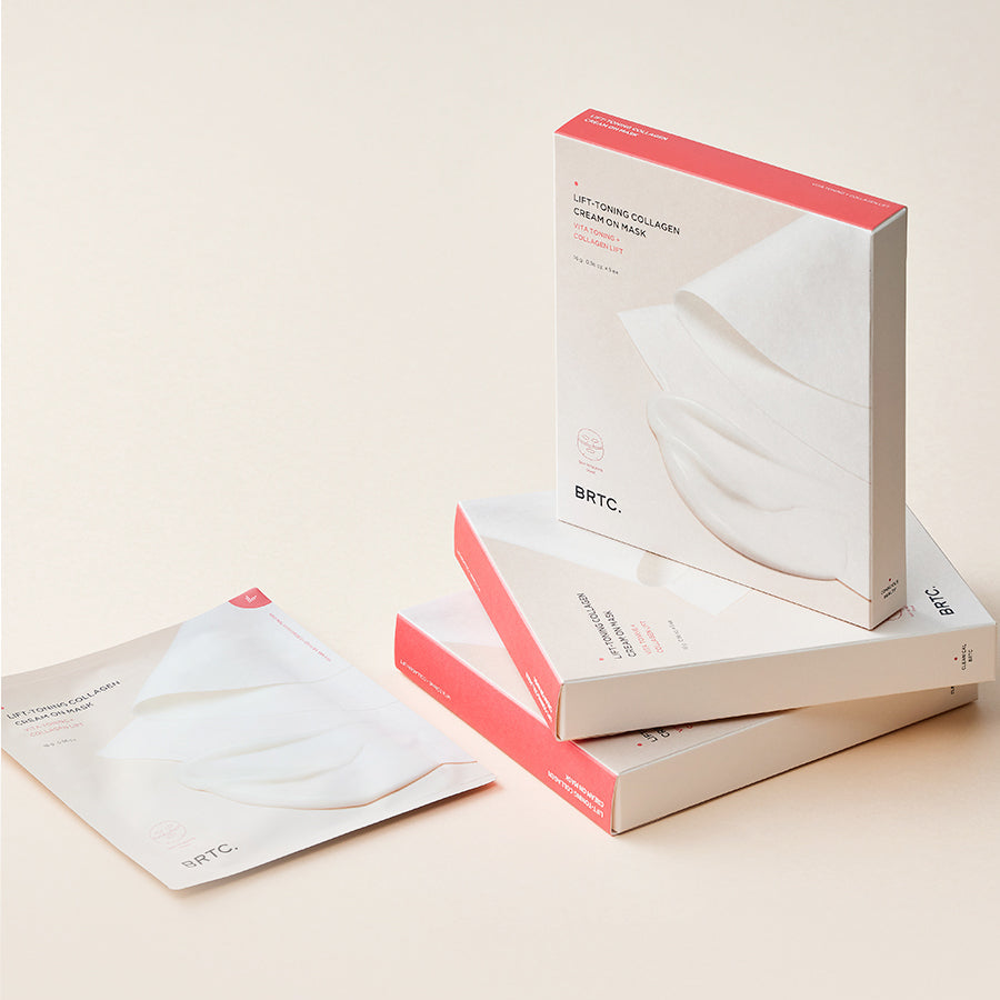 BRTC Lifting Toning Collagen Cream On Mask 5 Sheets packaging displayed on a neutral background.
