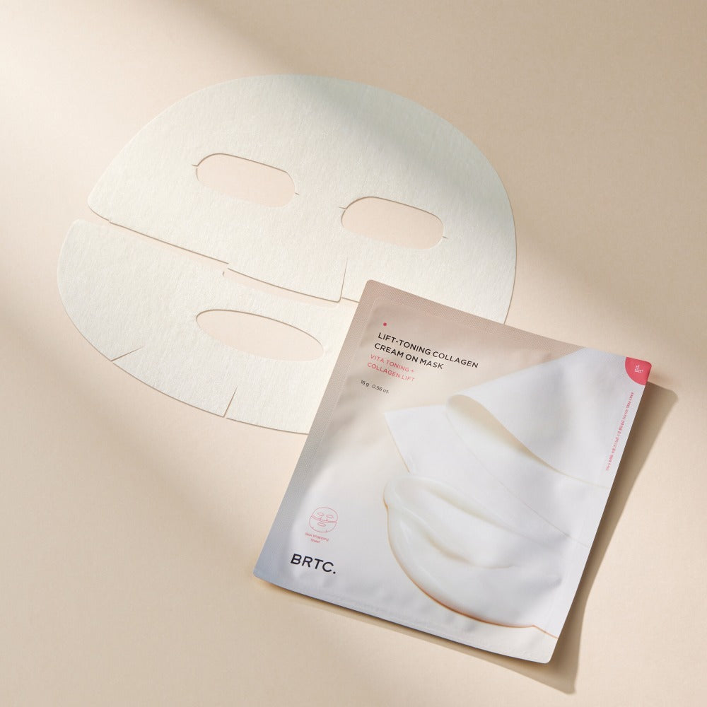 BRTC Lifting Toning Collagen Cream On Mask 5 Sheets packaging and mask sheet on display