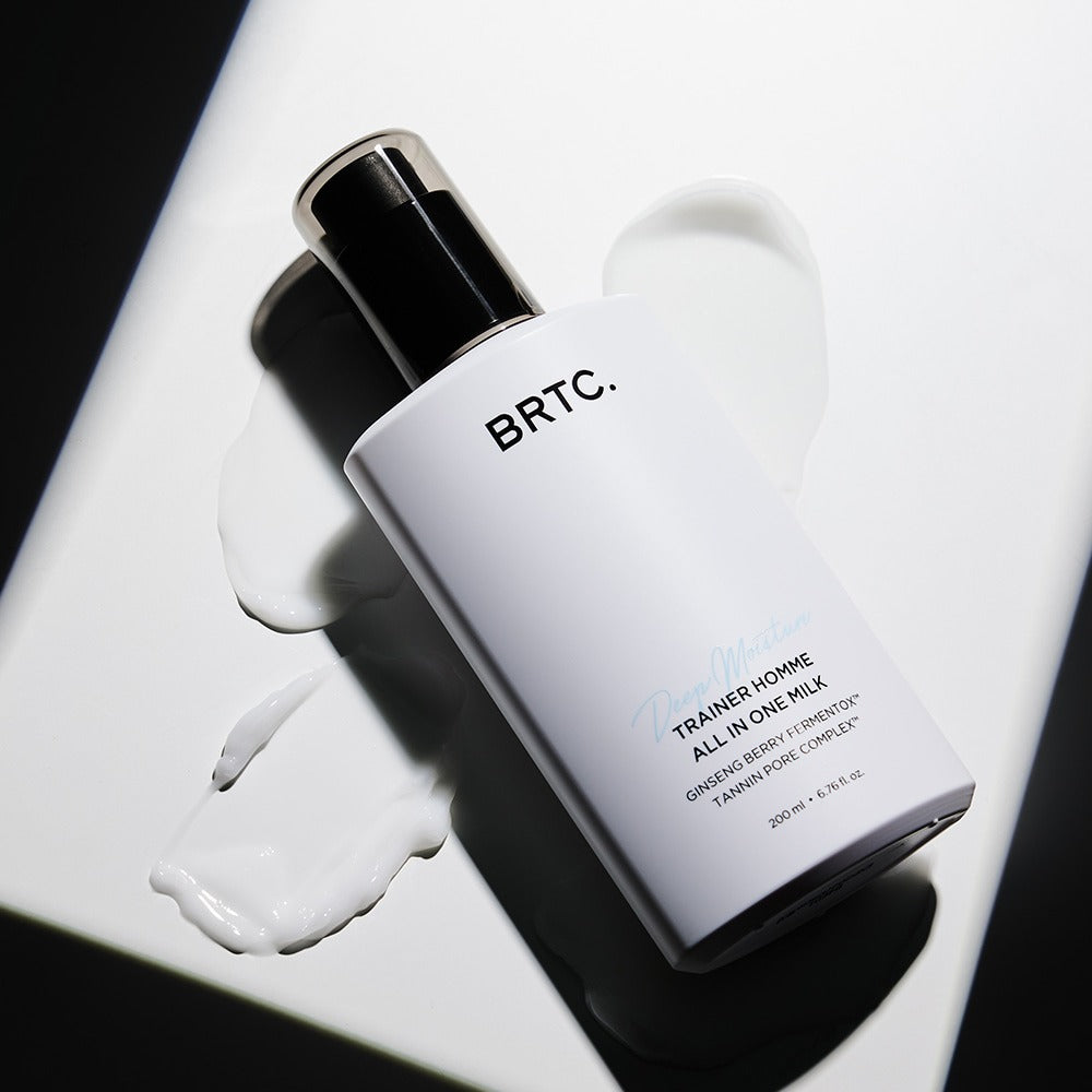 BRTC Trainer Homme ALl-in-One Milk 200ml bottle on white background, Gentleman Korea premium men’s skincare product