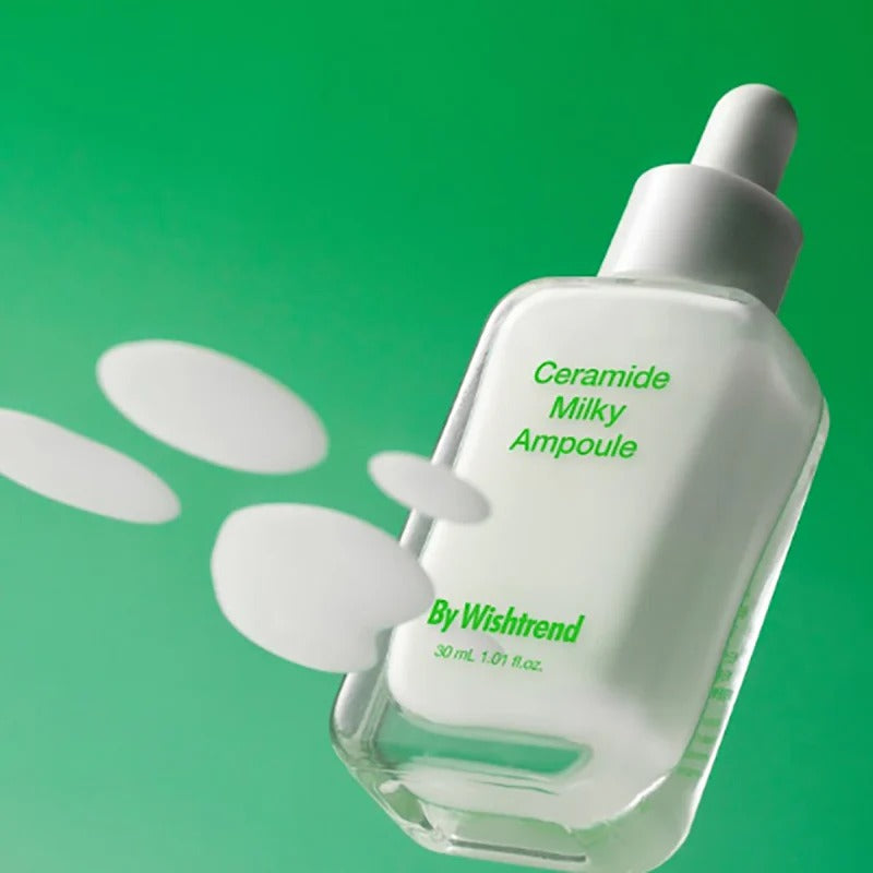 BY WISHTREND Ceramide Milky Ampoule 30ml product image with green background.